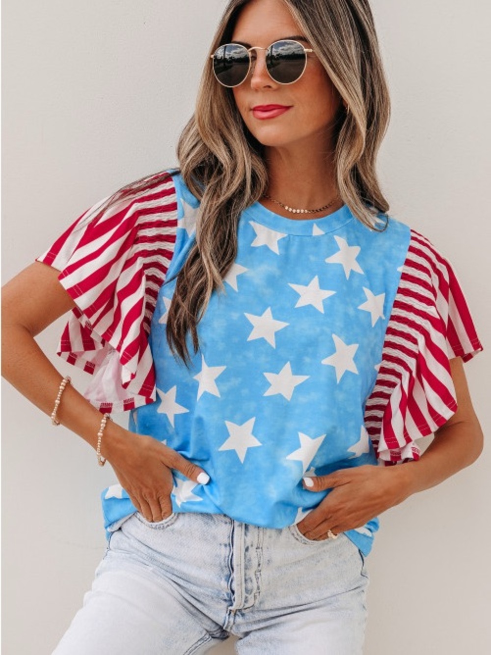 Patriotic Stars & Stripe Flutter Sleeve Top - Blue / Red